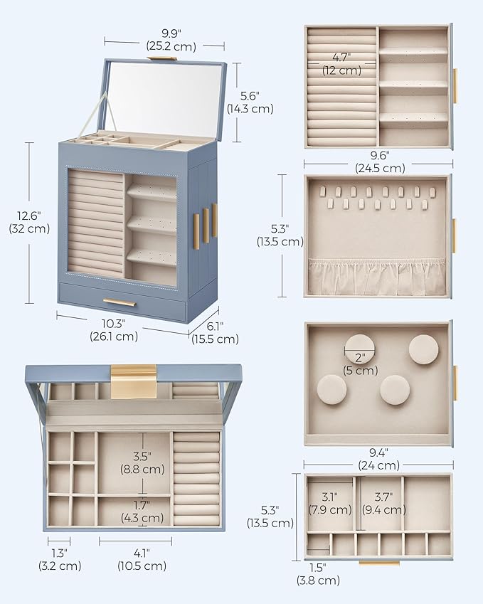 SONGMICS Jewelry Box with Glass Window, 5-Layer Jewelry Organizer with 3 Side Drawers, Jewelry Storage, with Big Mirror, Modern, 6.1 x 10.3 x 12.6 Inches, Smoky Blue and Metallic Gold UJBC162Q01