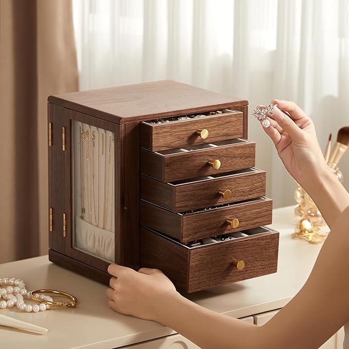 Black Walnut Wooden Jewelry Box - 360° Rotating Jewelry Organizer for Women with 5 Drawers for Rings,Necklaces,Earrings and Bracelets -Large Storage Case - Valentines Day Gifts for Her