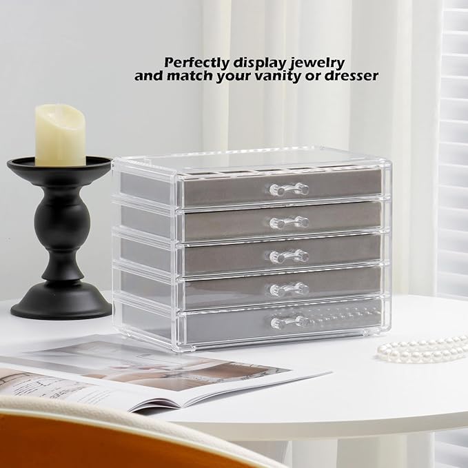 Jewelry Organizer with 5 Drawers Clear Acrylic Earring Display Case Velvet Jewelry Storage Box Display Holder for Earring Ring Bracelet Necklace (Gray, 60 Grids)