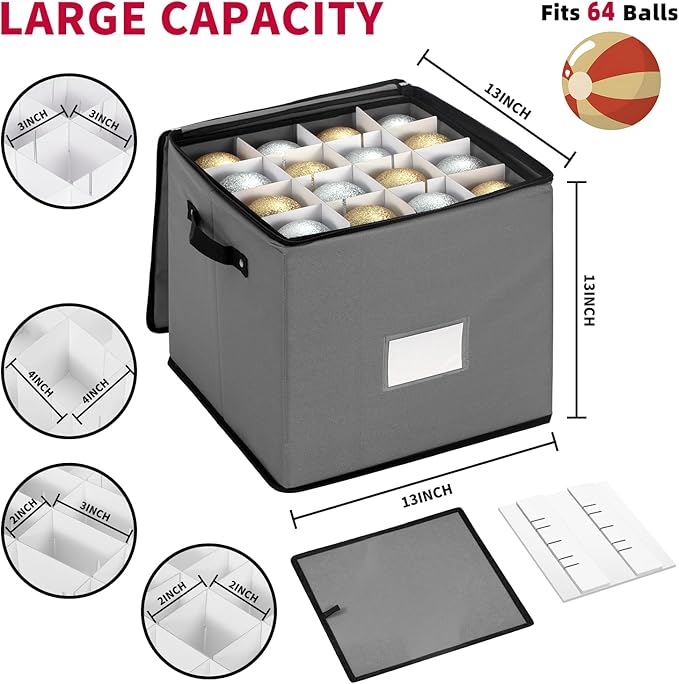 Christmas Ornament Storage Box With Adjustable Dividers,Ornament Storage Container With 4 Removable Trays for 64 Holiday Decorations,Gray