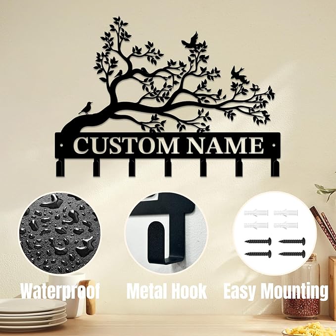 Personalized Custom Name Birds of Trees Wall Key Hooks,Metal Birds of Trees Art Clothes Hooks,Metal Birds of Trees Wall Home Storage Decorative,For Front Door, Hallway, Kitchen, Bedroom(Style B)