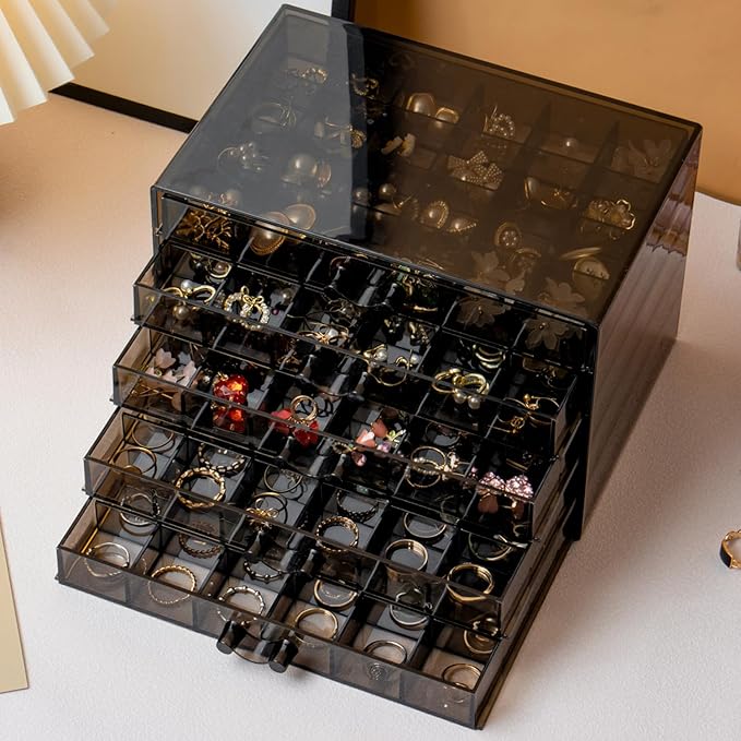SPAKOWN Earring Organizer, Acrylic Jewelry Holder Organizer with 5 Drawers Stackable Earring Storage Case Jewelry Boxes for Women (Gray)