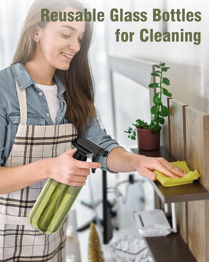 Bontip Glass Spray Bottle, Olive Green Glass Spray Bottle Set & Accessories Refillable for Plants Window Cleaners Aromatherapy Facial Hydration Watering Flowers Hair Care (2 Pack/16 oz) (Olive Green