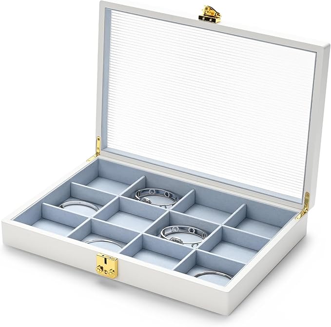 Oirlv White 12 Gird Luxury Leather Jewelry Organizer Tray with Clear Lid Lockable Jewelry Box Bangle Holder Box for Women (Blue Interior) 12 Grid