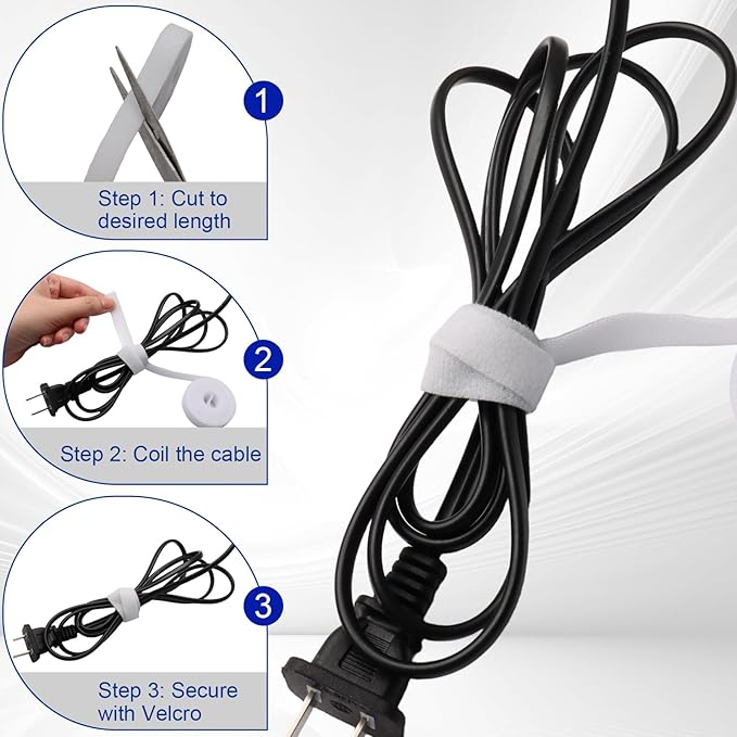 Rierdge Cable Management Kit - 40 Heavy-Duty Self-Adhesive Hook & Loop Ties with 2 Extra-Long Extension Straps for Desk, Home Office & Workshop (White & Gray)