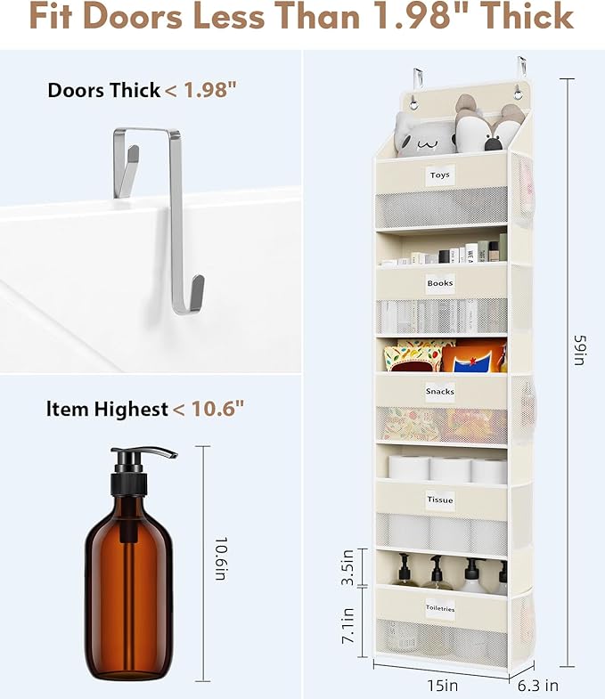 Optish Over The Door Organizer Hanging, 5 Shelf Behind The Doors Storage, Pantry Door Organizer, Closet Organizers for Bedroom and Nursery (Beige)