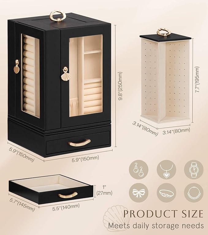 Jewelry Box large for Dresser: Women Necklace Ring Storage Organizer with Compartments - Elegant Earring Holder Display (Black)