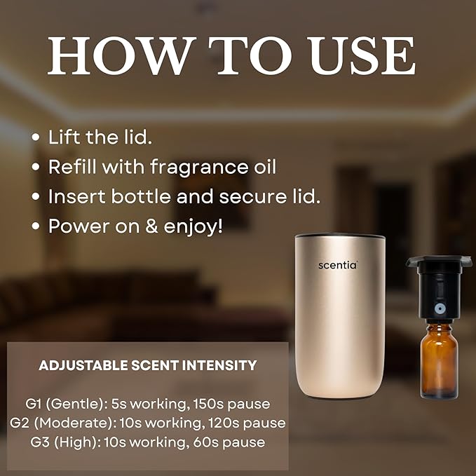 Scentia Gold MiniPod Nebulizer Diffuser + Smart Car Freshener – Waterless Essential Oils, Dual Mode Car/Home, Rechargeable Auto Shut-Off, 3 Lights – Ideal Teen Girl Holiday/Thanksgiving Gift