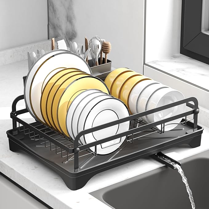 HOMEAILIE Dish Drying Rack for Kitchen Counter, Large Dish Drying Rack with Utensil Holder & Cutlery Tray, Dish Drainer with Drainboard, Black