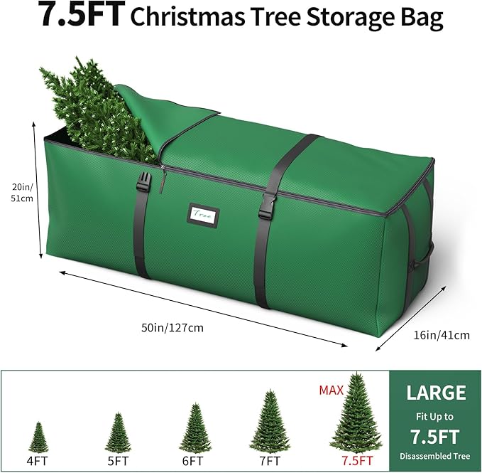 7.5Ft Christmas Tree Storage Bag, Fit up to Artificial Xmas Trees, with Double Zipper & Buckle Straps, Handles for Easy Carry, 600D Oxford Fabric Waterproof and Dustproof. (Green)