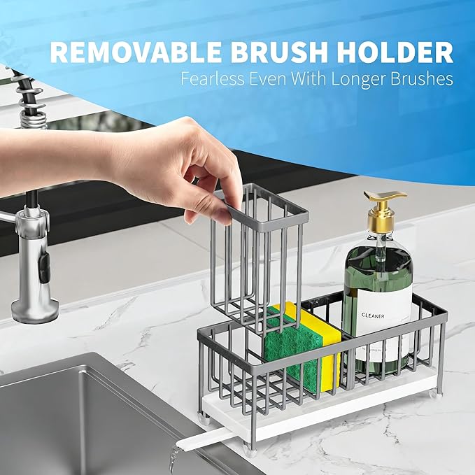 Cisily Light Gray Sponge Holder for Kitchen Sink, Sink Caddy Organizer with High Brush Holder, Kitchen Countertop Organizers and Storage Essentials, Rustproof 304 Stainless Steel, Soap Dispenser