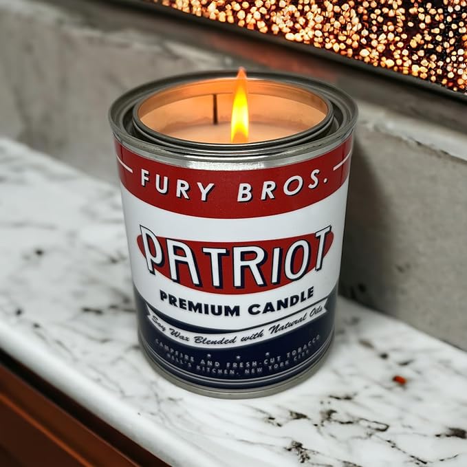 Fury Bros. Scented Candles for Men | Patriot | Campfire & Fresh-Cut Tobacco | Natural Soy Wax | Hand-Poured in The USA | Long 70-80 Hour Burn (12.5 oz) | Vintage-Inspired Tin Design | Dad Home Gift