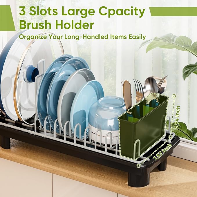 VUSIGN Small Dish Drying Rack with Drain, Compact Dish Rack, Slim Dish Drainers for Kitchen Counter, Extendable Spout Strainers with Removable Utensil Holder, Space Saving, Black