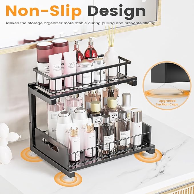 Toyear Under Sink Organizer, Heavy Duty Metal Pull Out Cabinet Organizer Slide Out Sink Shelf Organizer Height Adjustable, Multi-Purpose Storage Shelf for Kitchen Bathroom(Black,1Pack)