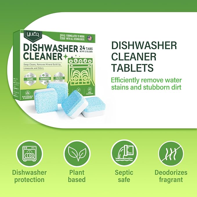 Dishwasher Cleaner and Deodorizer Tablets - 24 Pack,Deep Cleaning,Natural Formula,Effective Limescale & Odor Removal,Calcium,Scale,Hard Water Stains,Oil,Compatible with All Models