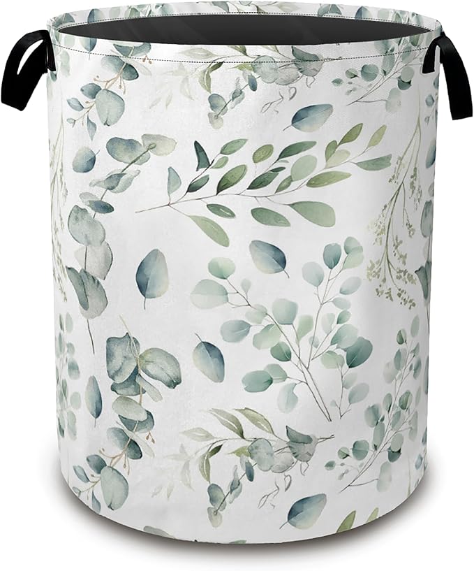 Green Eucalyptus Collapsible Laundry Baskets,Leaves Branches Laundry Hamper,Storage Basket with Handles for Bathroom Bedroom College Dormitory Living Room Nursery Organizer 16"x20"