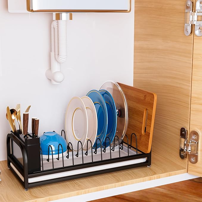 YEYPOP Black Dish Drying Rack Small for Kitchen Counter, 304 Stainless Steel Dish Rack w Tray & Cutlery Holder, Narrow Dish Drainer for Pots & Pans, Cutting Boards, Plates & Lids