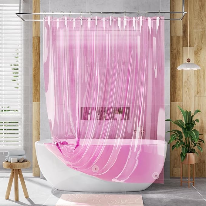 AmazerBath Shower Curtain Liner, 72x72 Transparent Hot Pink Shower Liner, Lightweight Plastic Shower Curtain Liners, Cute Waterproof Shower Liner for Bathroom with 3 Magnets & 12 Grommet Holes