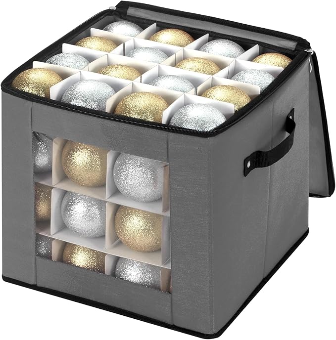 JY COOKMENT Christmas Ornament Storage Box with Adjustable Dividers, Premium Holiday Ornaments Storage Container Bin with Zippered Top for Xmas Decorations (64-3" Balls, Gray, Without Tray)