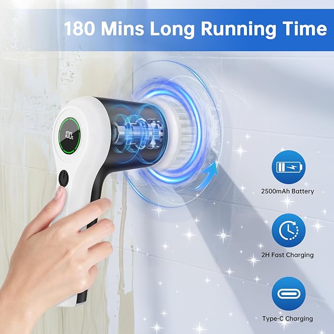 PUFTEM Electric Spin Scrubber, Cordless Shower Scrubber with Battery Level Display, 2 Speeds Electric Scrubber for Cleaning with 6 Replaceable Heads, Cleaning Brush for Bathroom/Sink/Window
