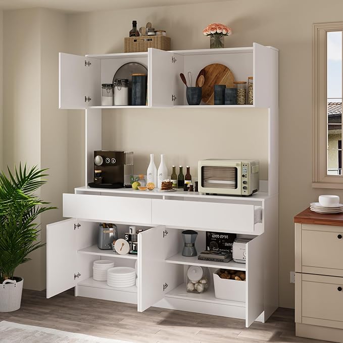 71" Kitchen Pantry Cabinet, Kitchen Hutch with Microwave Stand, Buffet Cabinet with Large Storage Drawers for Dining Room (White)