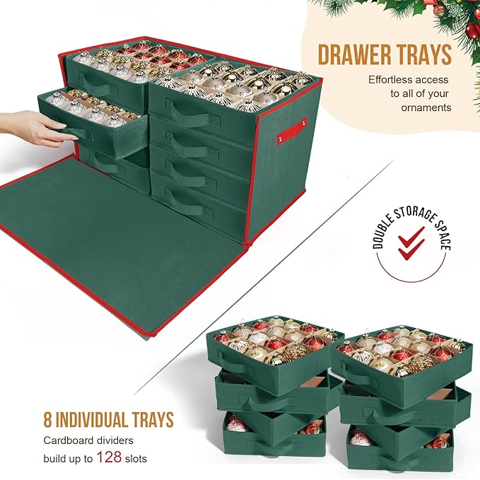 WDZREE Premium Large Christmas Ornament Storage,Box with Side Open, Drawer Style Trays -3" Compartment, 8 Trays, Keeps 128 Holiday Ornaments -Made of Durable 600D Oxford Fabric Tear-Proof Material
