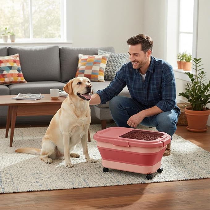 Summark 15 Lbs Dog/Cat Food Storage Container,Collapsible Food Storage Containers with Rolling Wheel Airtight Locking Lid,Pet Food Storage Container with Cup and Scoop,Pink