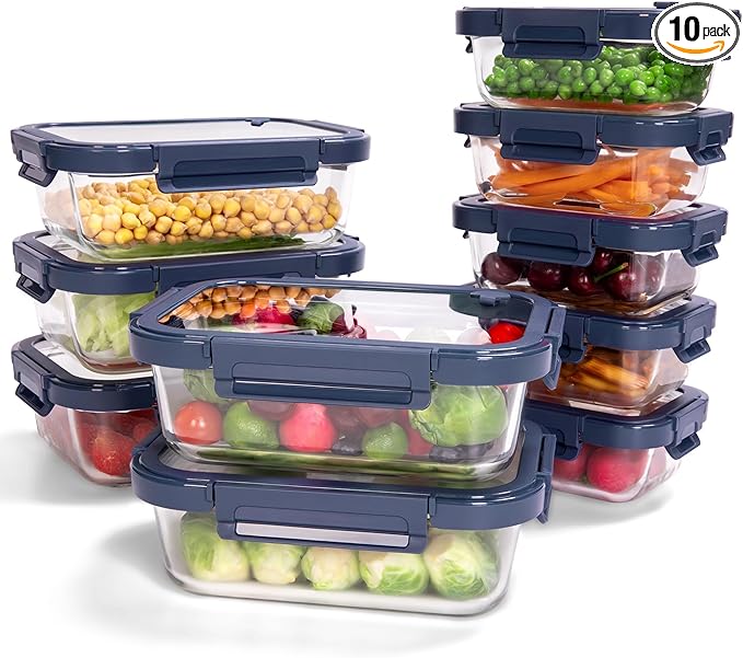 BOROHOUSE 10-Pack Glass Food Storage Containers with Tempered Lids – Borosilicate, Airtight, Oven-Safe (-4°F~950°F), BPA-Free, 4.4 & 1.6 Cup, Leak-Proof, Dishwasher Safe (Blue)
