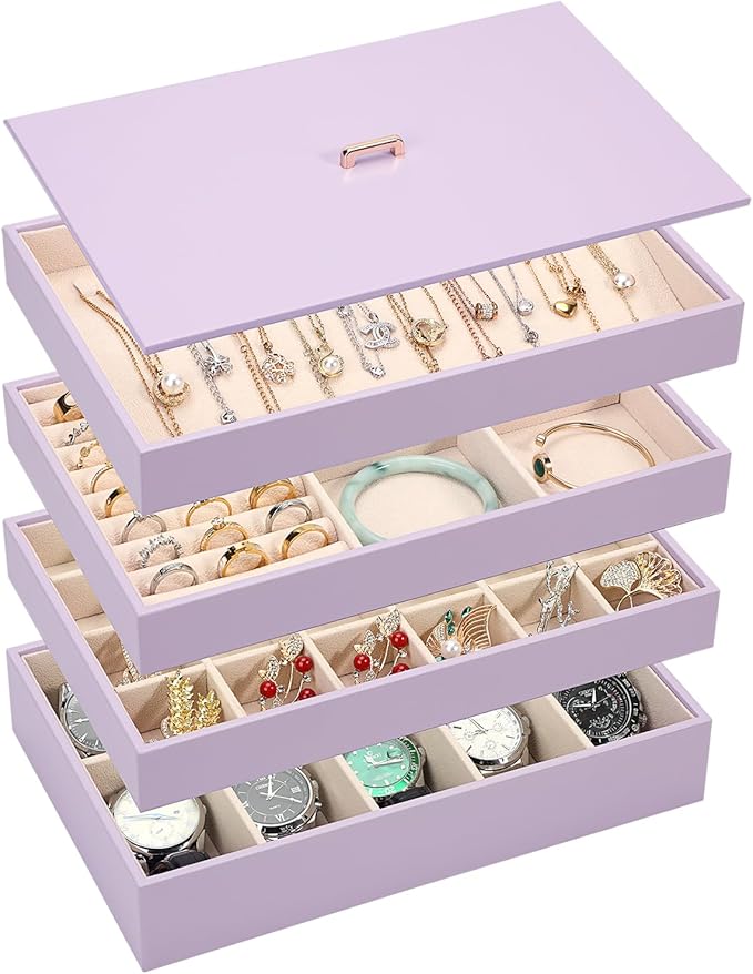 Voova Stackable Jewelry Organizer Tray with Lid, PU Leather Jewelry Storage Holder for Drawer Inserts, Jewellery Display Box Case for Earring Necklace Ring Watch Bracelet (Set of 4, Lavender)
