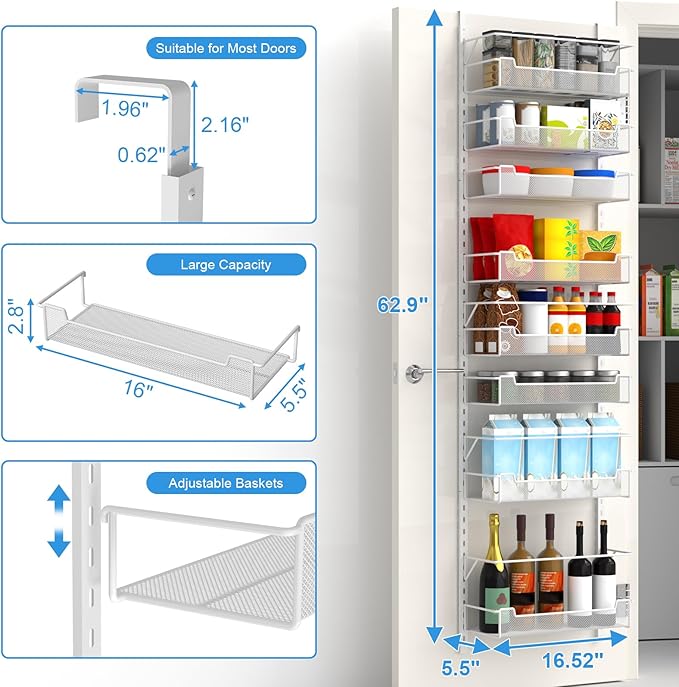 VyGrow Over the Door Pantry Organizer, 8-Tier Over the Door Organizer with Adjustable Basket, Pantry Door Organization for Pantry Kitchen Storage Room Spice Rack, White
