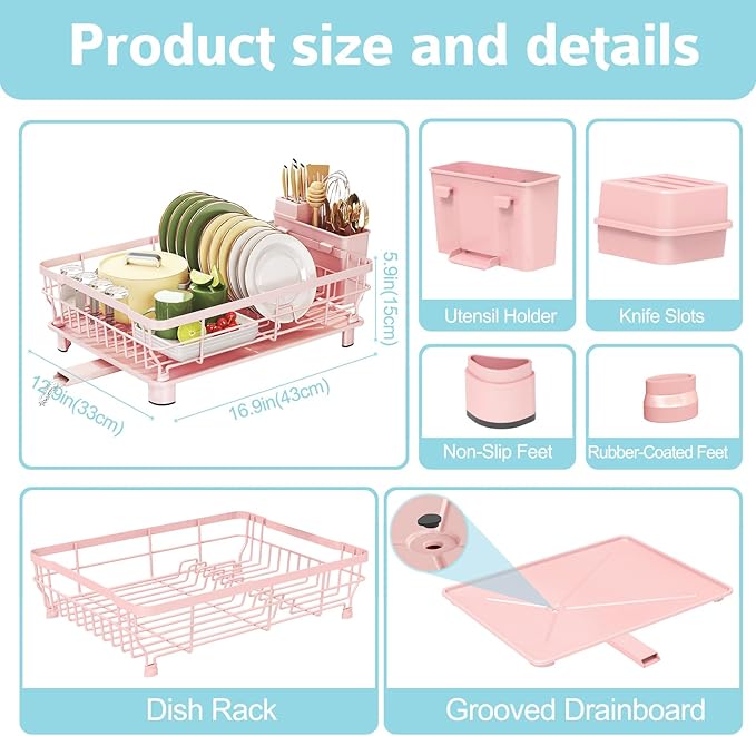 Ricobes Dish Drying Rack - Space Saving Dish Rack - Dish Racks for Kitchen Counter with Drainboard,Rustproof Dish Drainer with Removable Utensil Holder,Pink