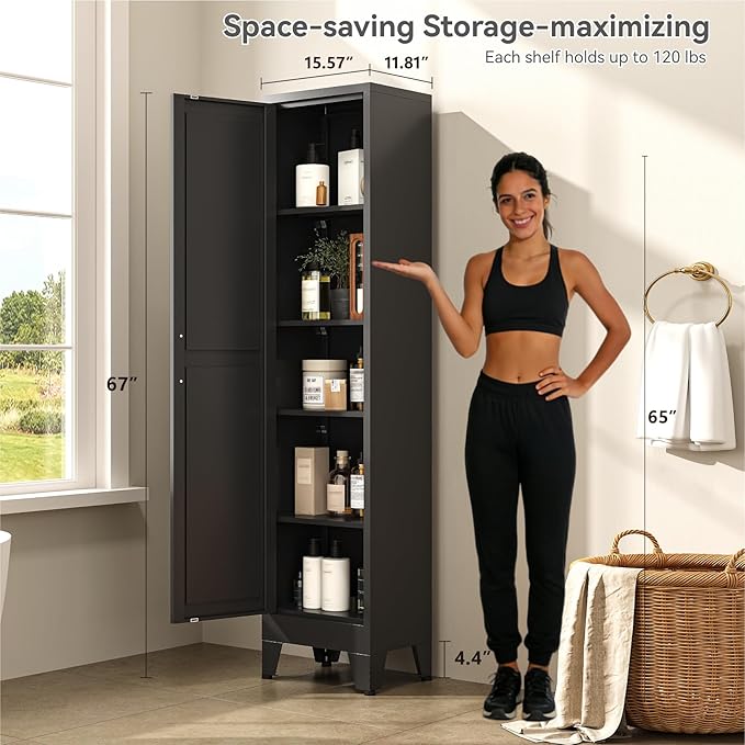 67" Tall Storage Cabinet with Reversible Doors and Adjustable Shelves,Metal Slim Freestanding Cabinets for Bathroom Kitchen Garage Small Spaces,Black