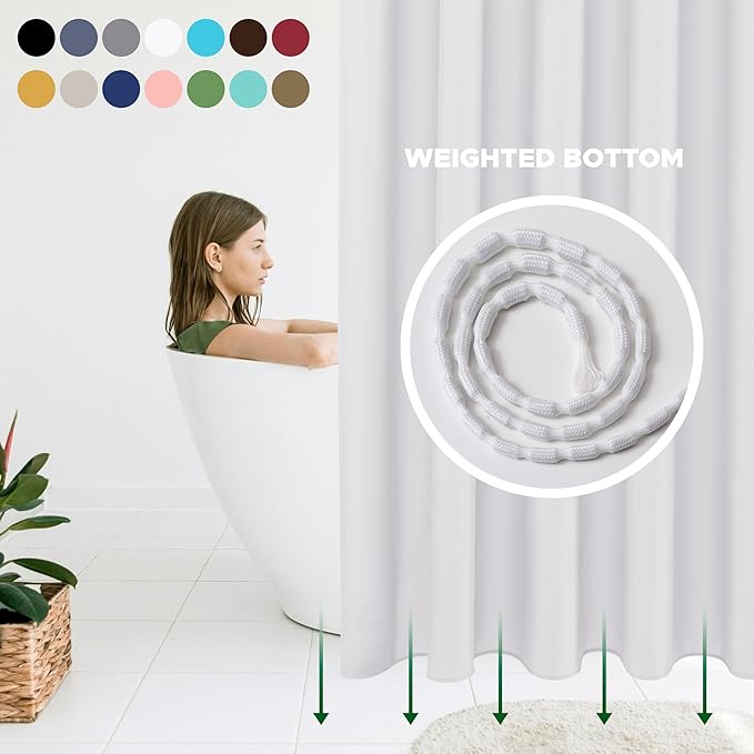 Biscaynebay Fabric Shower Curtain Short Stall Liners 72" W X 65" L, White Water Resistant Bathroom Curtains, Rust Resistant Grommets Top Weighted Bottom Machine Washable