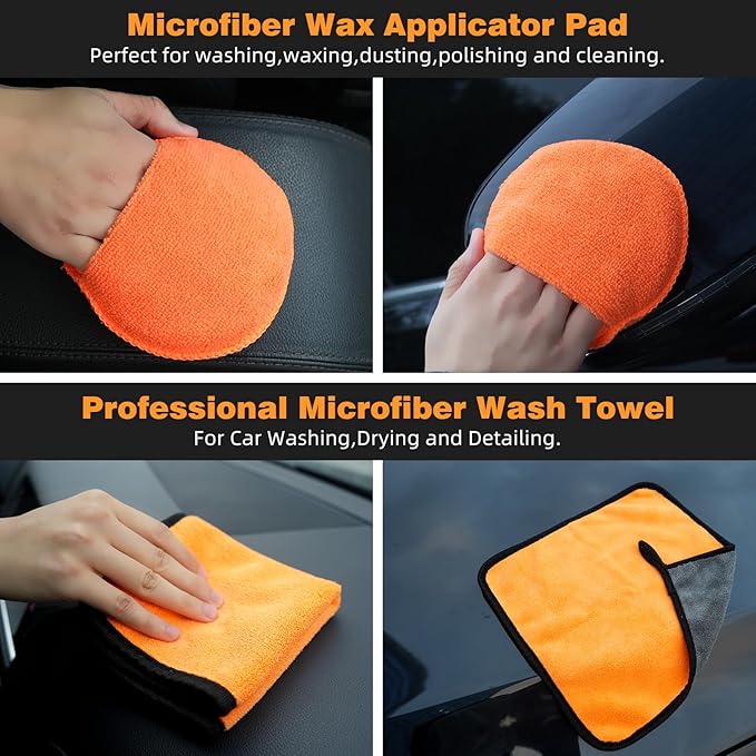 TOWBRUS 10PCS Car Interior Detailing Brush Kit, Horse Hair and Boar Bristle Brush Set with Elbow Adapter, Microfiber Wax Applicator Pads, Drying Towel and Cleaning Gel