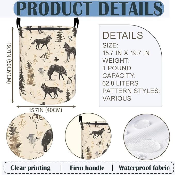 Forest Wolf Laundry Basket Hamper 19.7"x15.8", Animal Foldable Waterproof Oxford Clothes Storage Bucket for Room Bathroom Bedroom Nursery Decor, Toy Organizer Bins Gifts for Kids Boys Girls