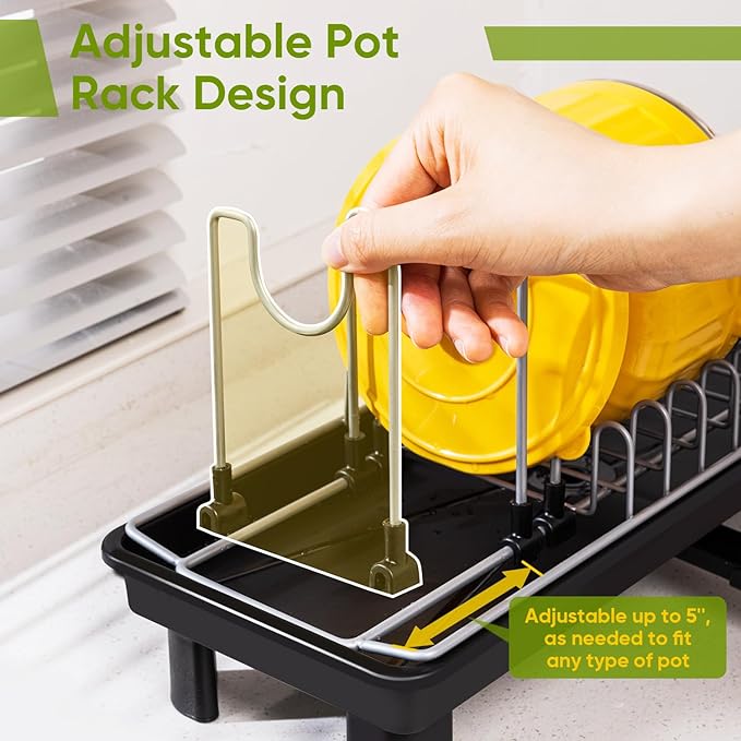 VUSIGN Small Dish Drying Rack with Drain, Compact Dish Rack, Slim Dish Drainers for Kitchen Counter, Extendable Spout Strainers with Removable Utensil Holder, Space Saving, Black