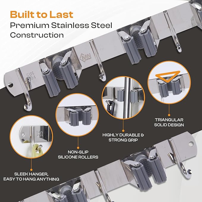Heavy-Duty Stainless-Steel Broom Holder Wall Mount with 4 Racks and 5 Hooks | Rust Resistant Mop and Broom Hanger | Adjustable, Garage & Garden Tool Organizer | Silver Color
