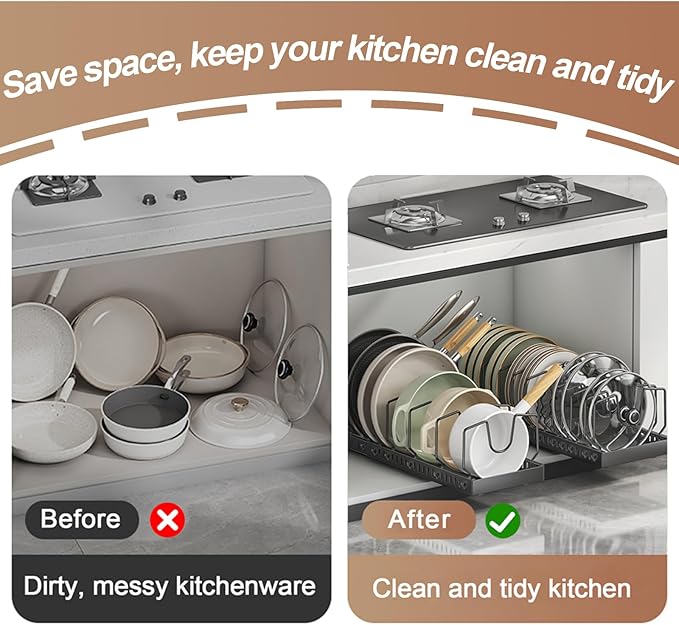 Enskatec Expandable Pots and Pans Organizer Under Cabinet, Sliding Pot Lid Holder and Pan Rack in Kitchen, Pull out Kitchen Cabinet Storage, with 10 Adjustable Dividers