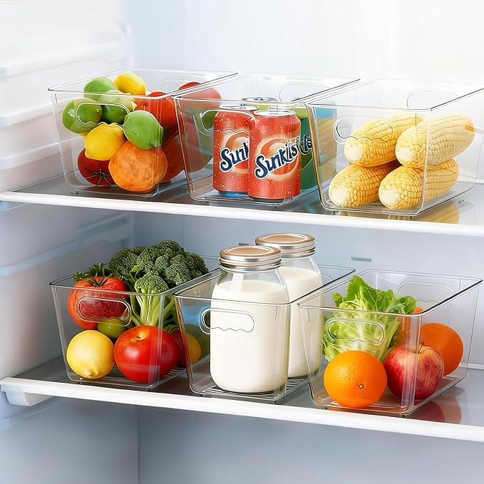 KJIXYUNG Clear Pantry Organizer Bins, Plastic Organizers & Storage Containers, Cabinet Organizer, Home Organization Must Haves for Kitchen, Laundry Room, Office, Closet & Freezer (4 Pack)