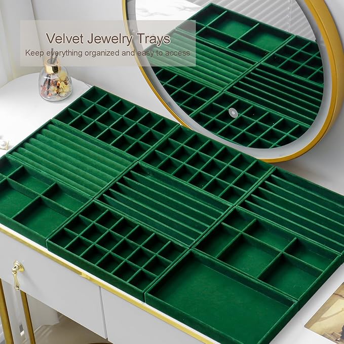 SPAKOWN Jewelry Drawer Organizer Inserts Set of 9, Jewelry Trays for Drawers Velvet Jewelry Organizer Tray Drawer Jewelry Organizers and Storage for Earring Ring Necklace Watch Bracelet (Green)