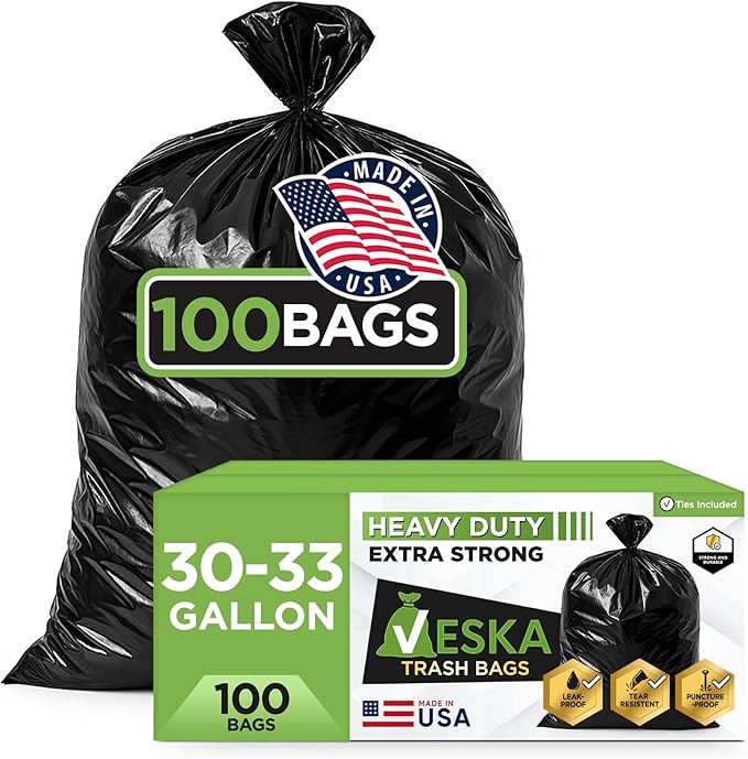 Veska 33 Gallon Trash Bags, (Huge 100 Bags w/Ties) Large Black Garbage Bags 30 Gallon, 32 Gallon, 35 Gallon Trash Can Liners
