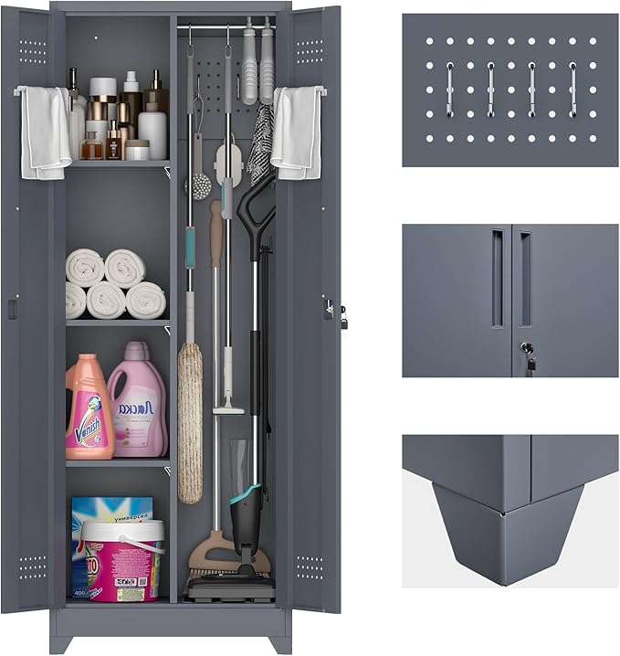 65" H Metal Garage Storage Cabinet,Broom Closet Storage Cabinet with Adjust Shelves,Utility Cabinet,Utility Closet for Garage,Gray-White
