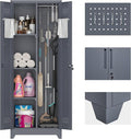 65" H Metal Garage Storage Cabinet,Broom Closet Storage Cabinet with Adjust Shelves,Utility Cabinet,Utility Closet for Garage,Gray-White