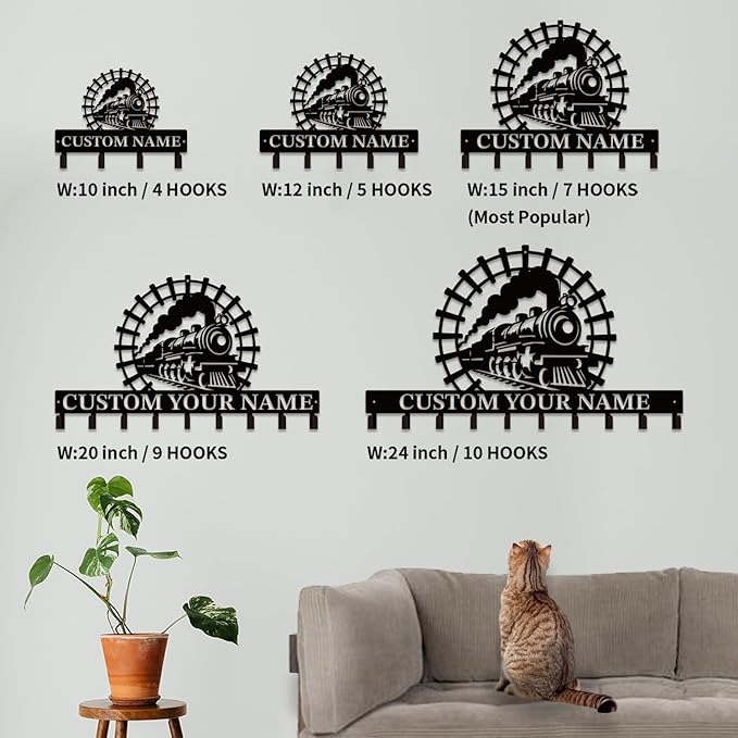 Personalized Train Metal Keys Hooks,Custom Name Metal Train Keys Hooks,Black Metal Train Wall Home Storage Decorative Keys Hooks,Key Holder Hooks for Wall (Style B)