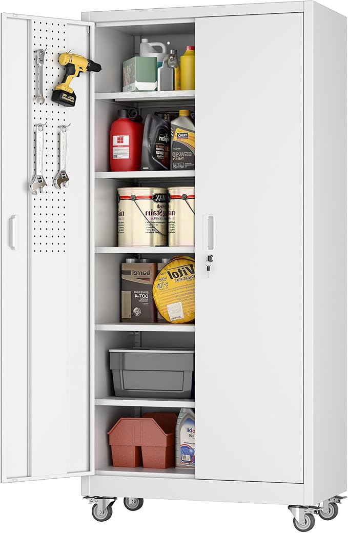 Metal Storage Cabinet with Pegboard,71" H Gargage Storage Cabinet with Whees,Doors and Shelves for Garage,Home Office,Required Assembly,White