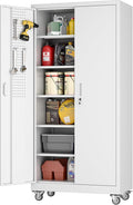 Metal Storage Cabinet with Pegboard,71" H Gargage Storage Cabinet with Whees,Doors and Shelves for Garage,Home Office,Required Assembly,White