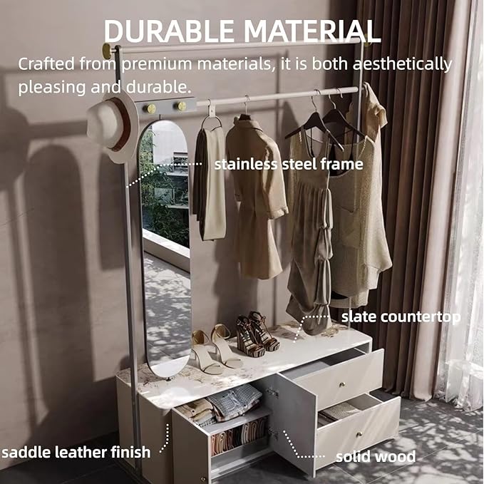 Clothes Rack 43.31IN (Double Storage Drawers) (Dressing Mirror) White Metal Freestanding Hanging Heavy Duty Organizer
