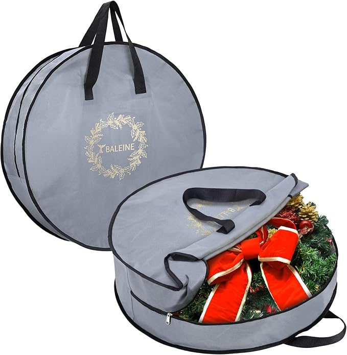 BALEINE 2 Pack Wreath Storage Container, Christmas Wreath Storage Bag with Reinforced Handle for Holiday Xmas (Grey, 36"X8")