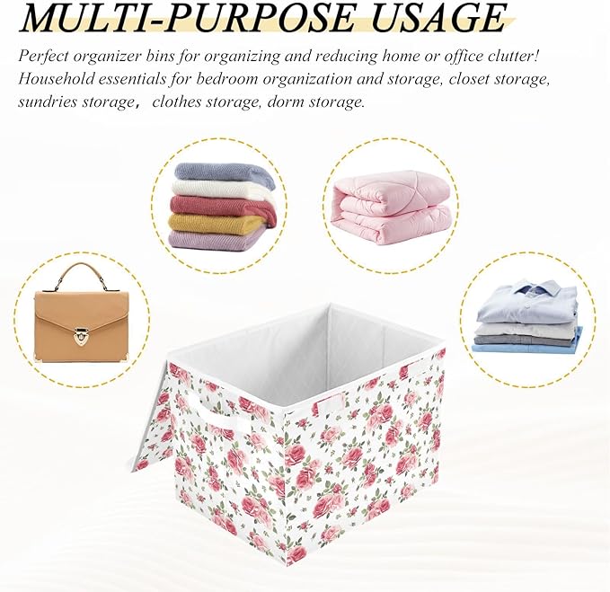 Collapsible Storage Bins with Lids, Pink Rose Flowers Floral Storage Boxes for Organizing