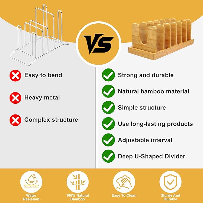 MinBoo Bamboo Pot Lid Organizer Pot Lid Holder, Pot and Pan Organizer Drawer Organizer for Pot Lids, Pans, Cutting Boards & Baking Sheets, Dinner Plates